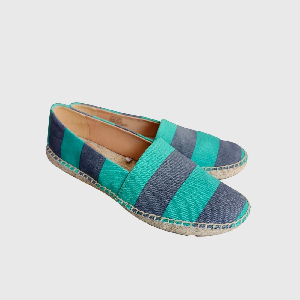 J.Crew Espadrille Flats Women 8.5 Green Navy Stripe Canvas Coastal Beachy Preppy